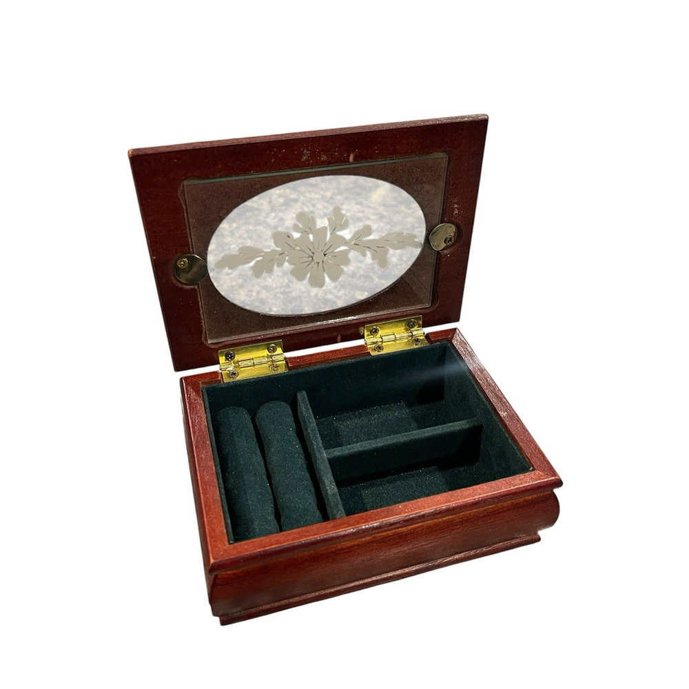 Vintage Small Wooden Jewelry Box with Etched Floral Glass Trinket Box Velvet - Picture 5 of 13